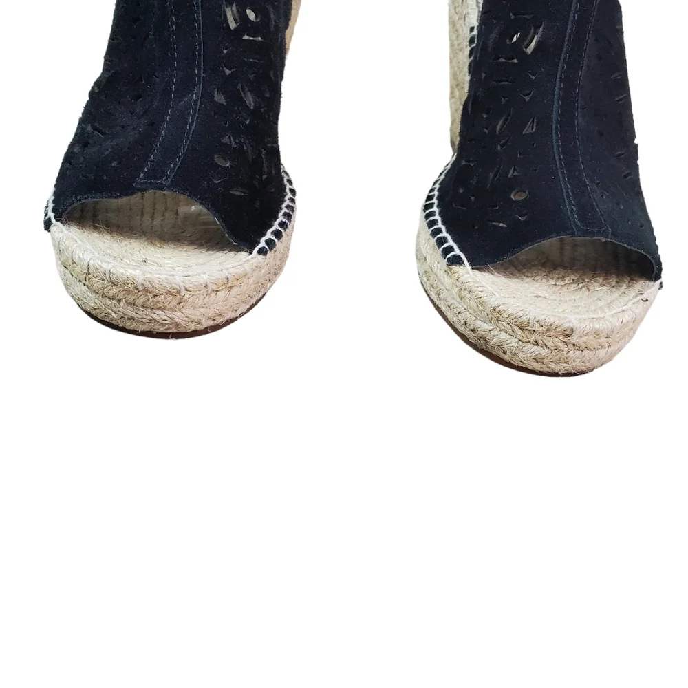 Seychelles Black Laser Cut Suede Leather Espadrille Wedge Shoes Size 7.5